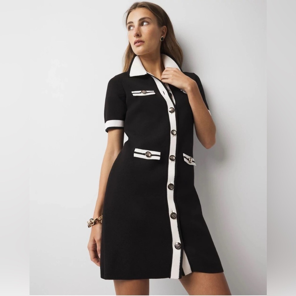 White House Black Market Mod Sweater Dress Black and White Mini Dress M 60s